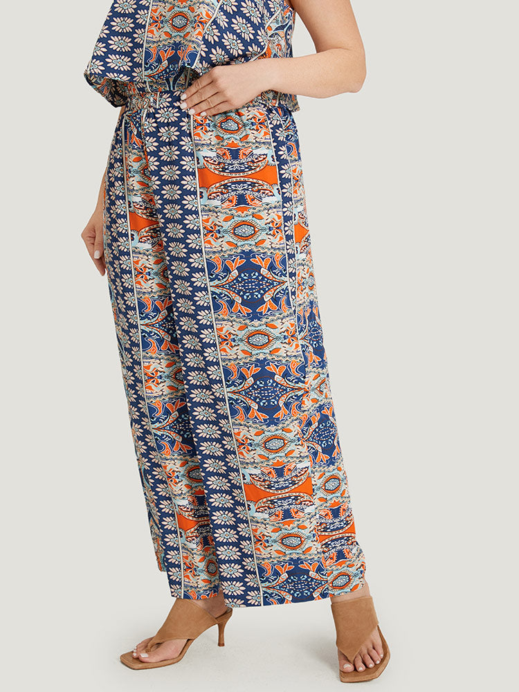 Boho Print Pocket Elastic Waist Woven Pants