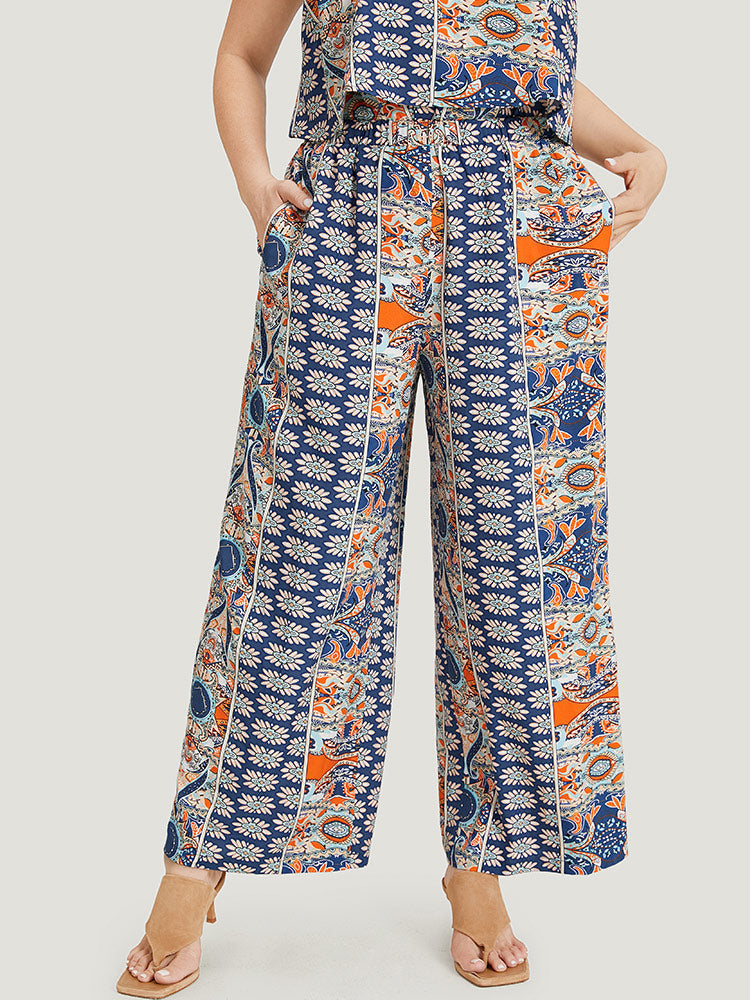 Boho Print Pocket Elastic Waist Woven Pants