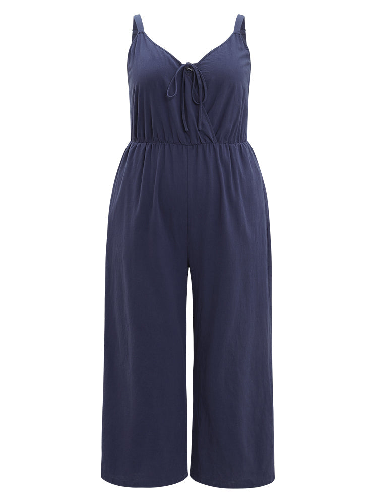 Plain Pocket Elastic Waist Ties Cami Jumpsuit