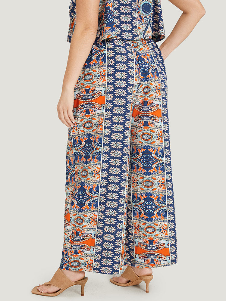 Boho Print Pocket Elastic Waist Woven Pants