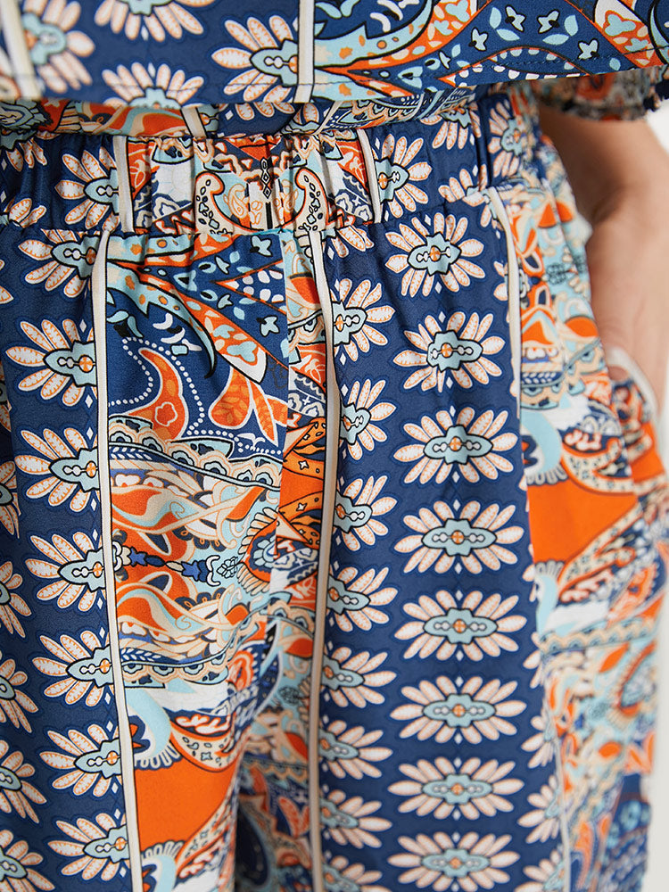 Boho Print Pocket Elastic Waist Woven Pants