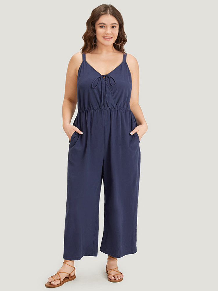 Plain Pocket Elastic Waist Ties Cami Jumpsuit