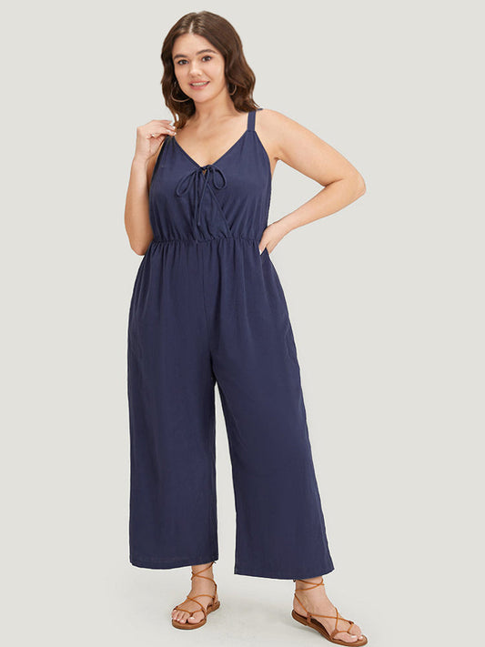 Plain Pocket Elastic Waist Ties Cami Jumpsuit