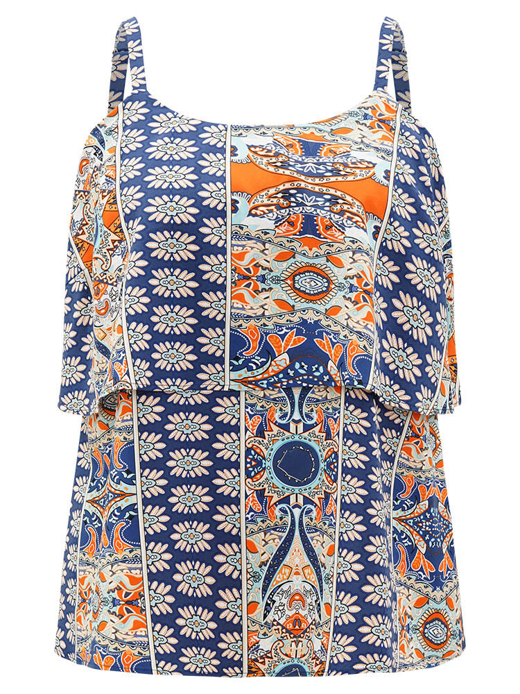 Boho Print Tiered Adjustable Straps Woven Top